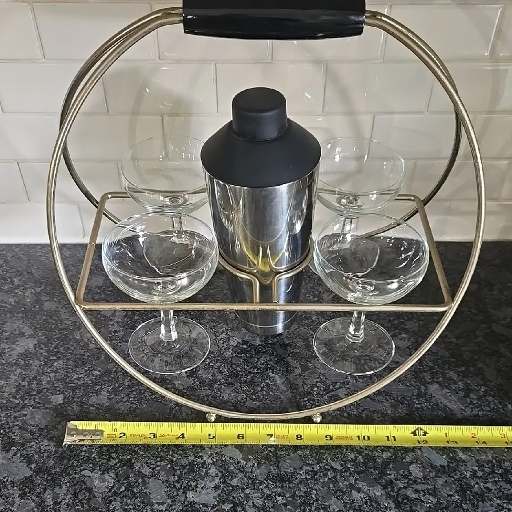 Vintage Brass Cocktail Carrier with Glasses and Shaker